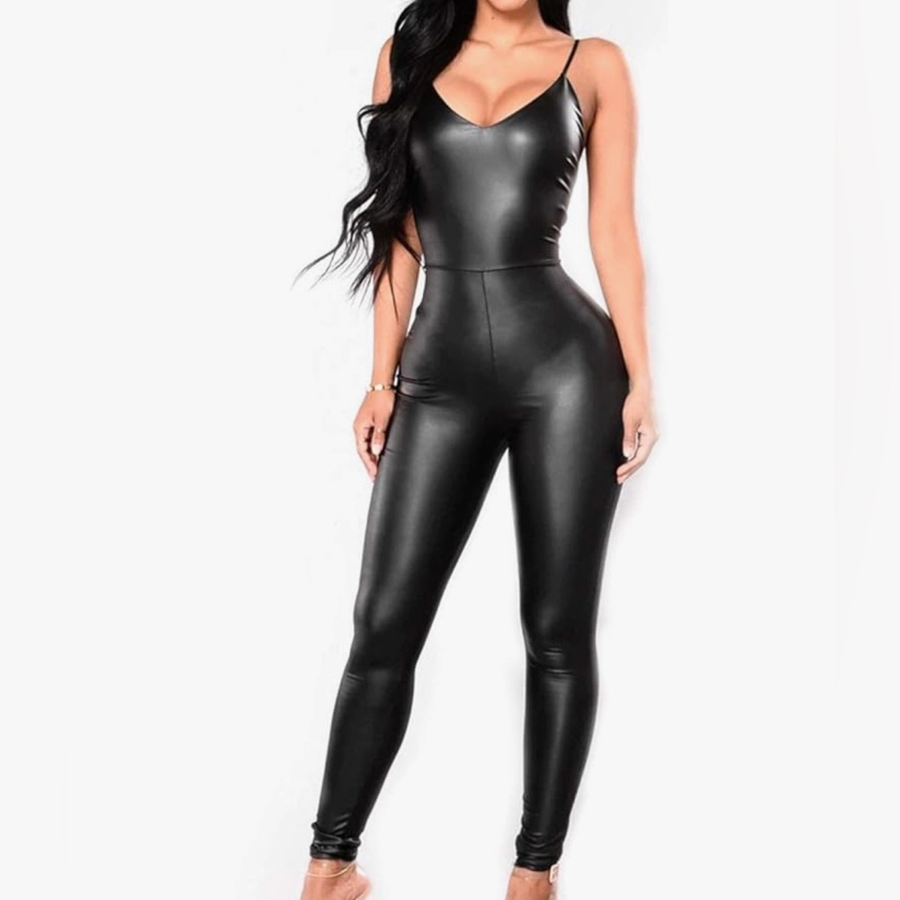 Women's Faux Leather Jumpsuit, One Piece Back Zipper Bodycon